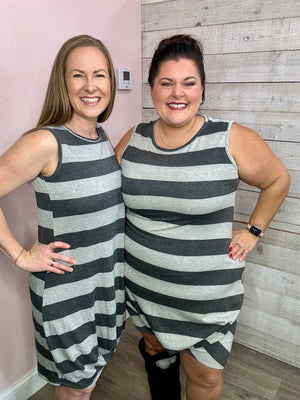"Weekend Living" Charcoal Striped Dress
