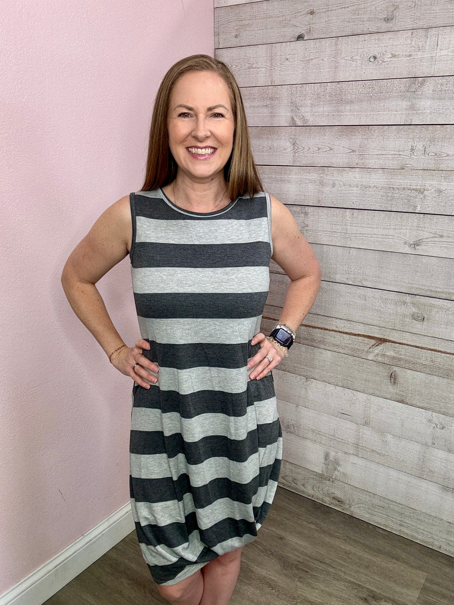 "Weekend Living" Charcoal Striped Dress