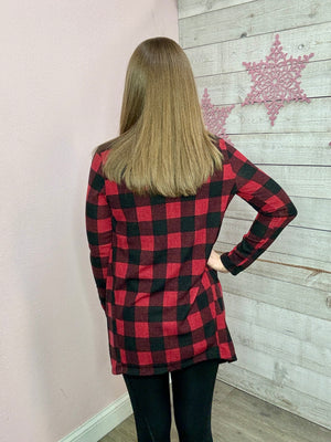 "Discover More" Buffalo Plaid Cardigan- Red *FINAL SALE*