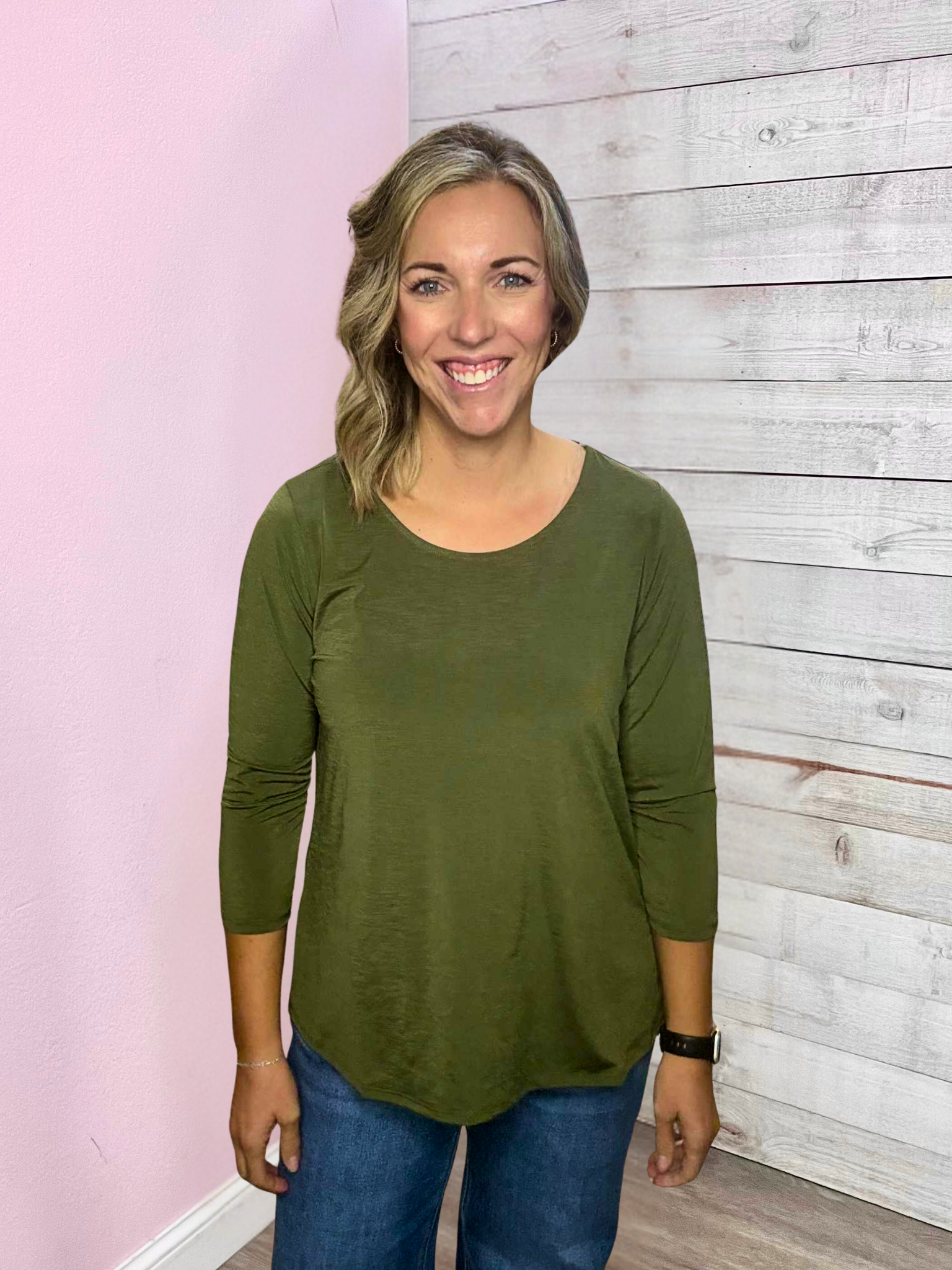 "Fall Essential" Solid Round Neck Top- Olive