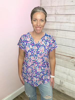 "Here and There" Blue/Pink Floral Top