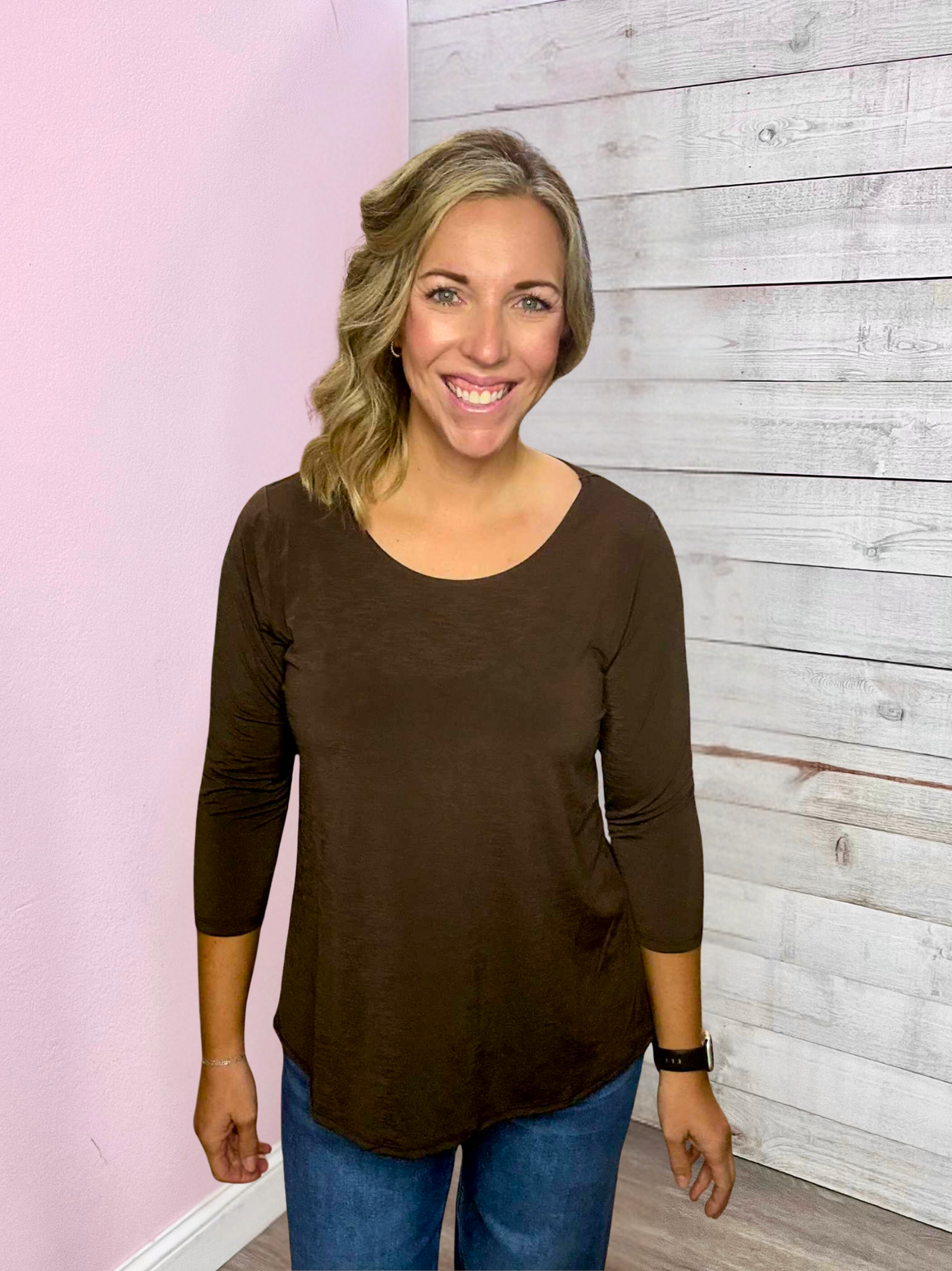 "Fall Essential" Solid Round Neck Top- Chocolate