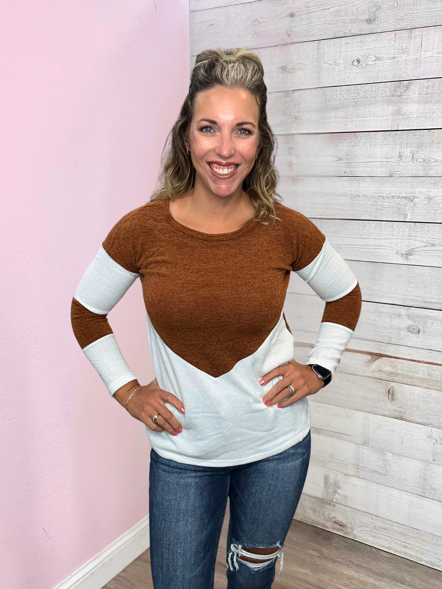 "Watch Me" Brown Colorblock Top