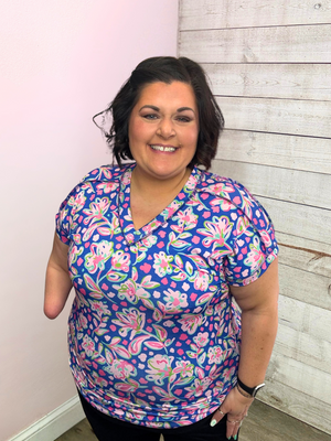 "Here and There" Blue/Pink Floral Top