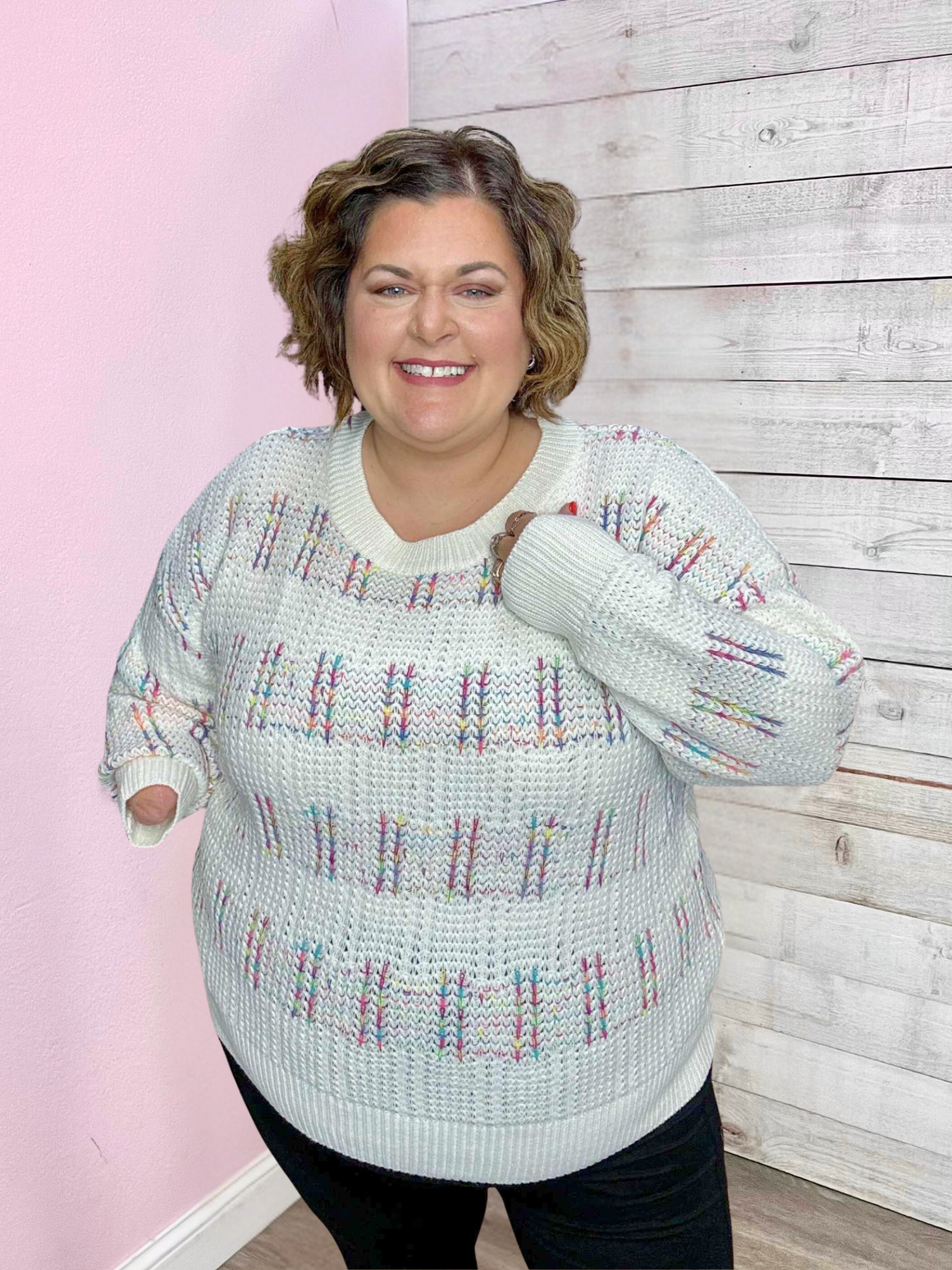 "Moments Like This" White Sweater with Multi-Color Stitching