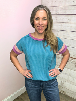 "Full of Love" Jade Ribbed Short Sleeve Top