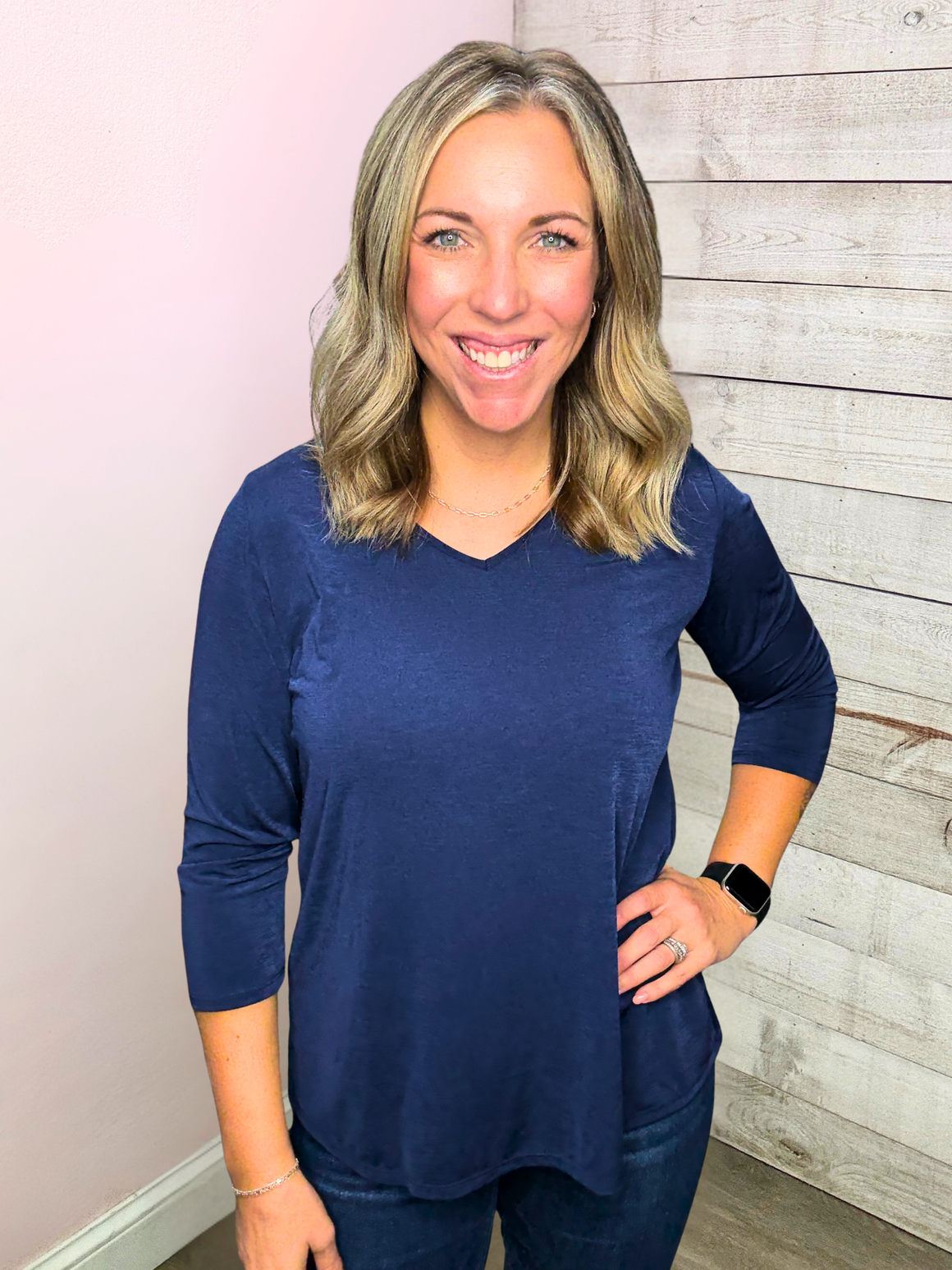 "For Keeps" Solid Vneck Top- Navy