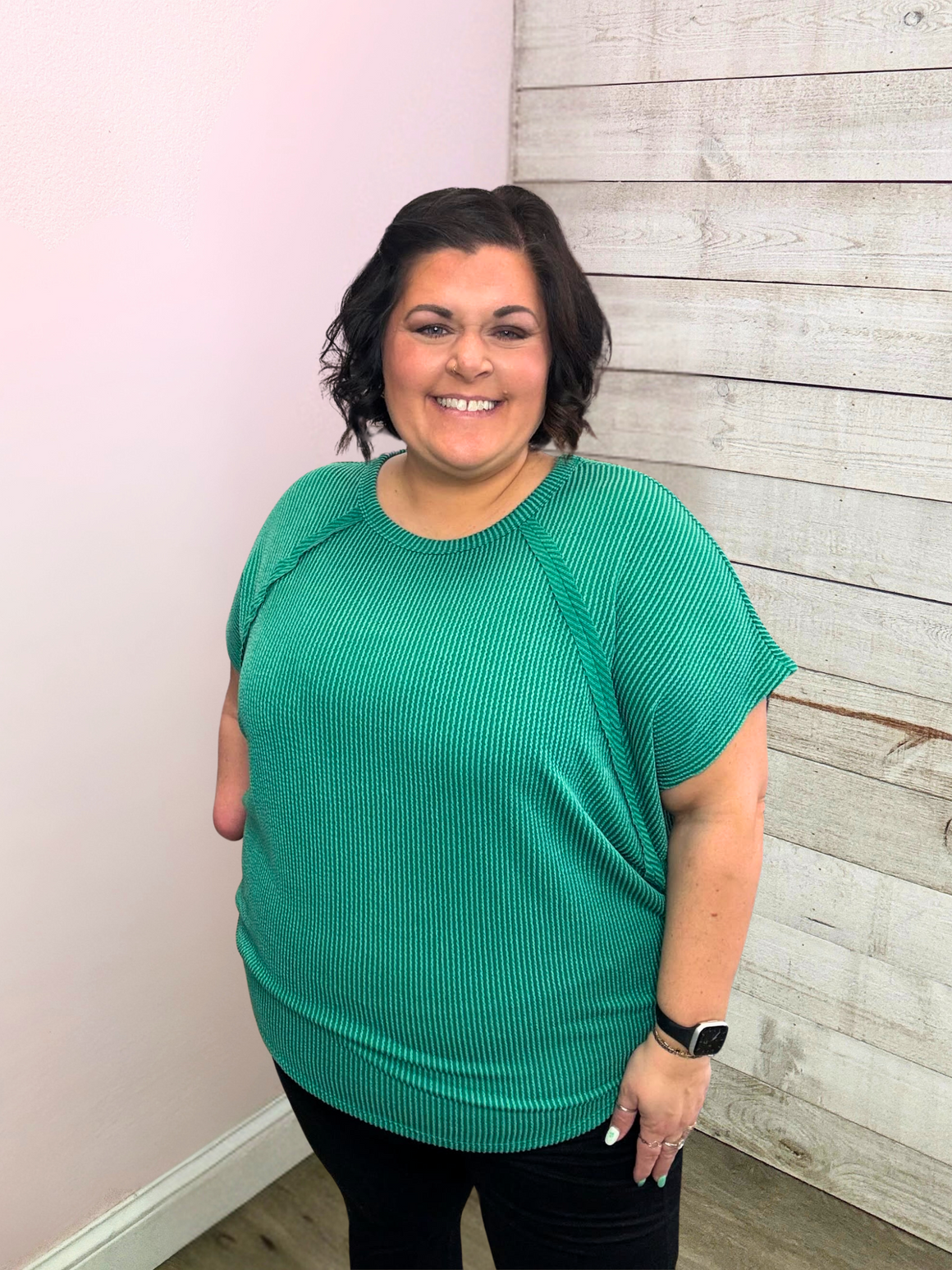 "Charming Smile" Ribbed Green Top
