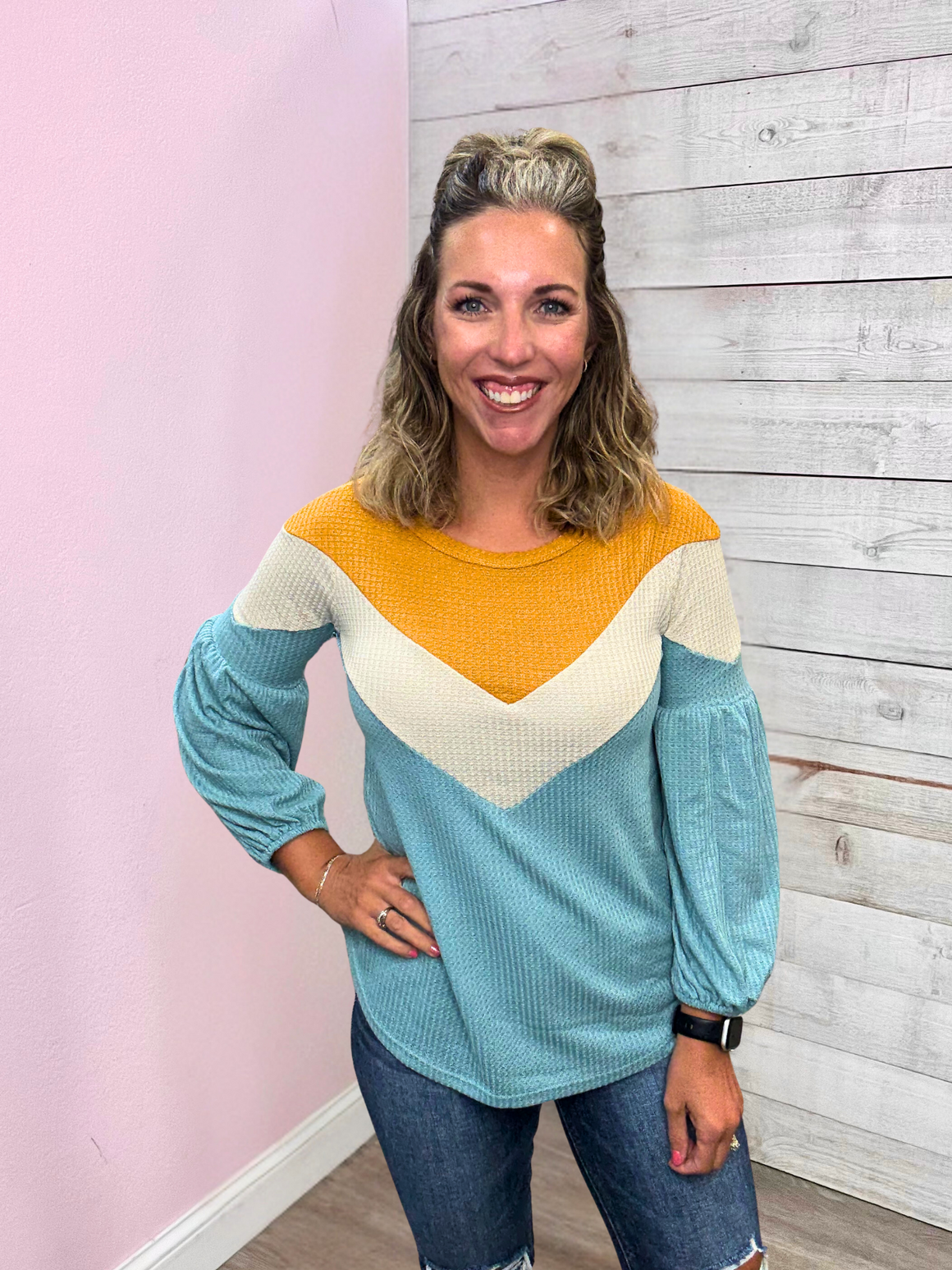 "Color Me Happy" Chevron Waffle Top- Mint