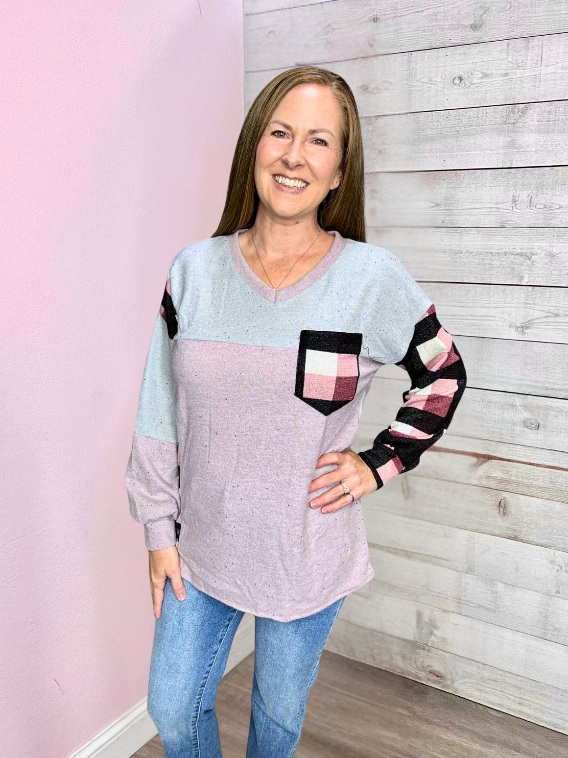 "Sparkle" V Neck Contrast Top