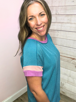 "Full of Love" Jade Ribbed Short Sleeve Top