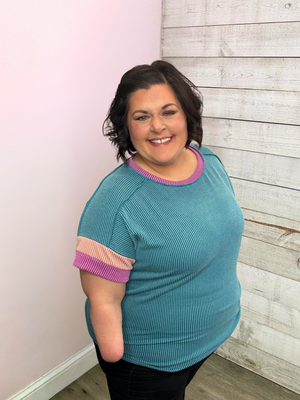 "Full of Love" Jade Ribbed Short Sleeve Top
