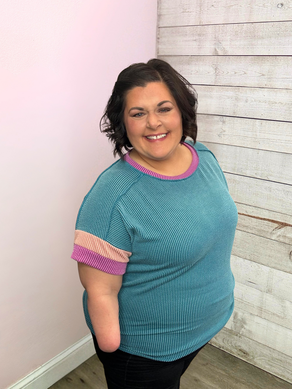"Full of Love" Jade Ribbed Short Sleeve Top