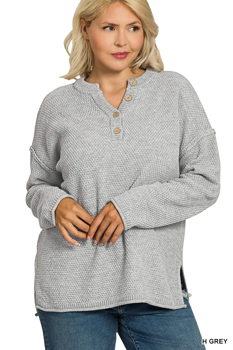 "Own The Room" Grey Henley Sweater