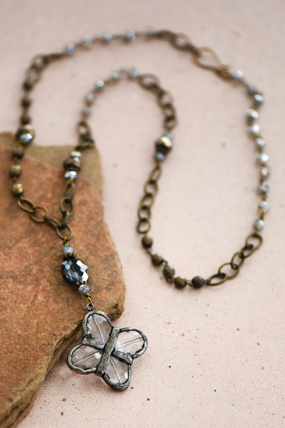 Long Bead Necklace w/Crystal Pendant