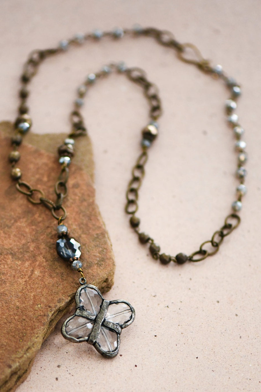 Long Bead Necklace w/Crystal Pendant