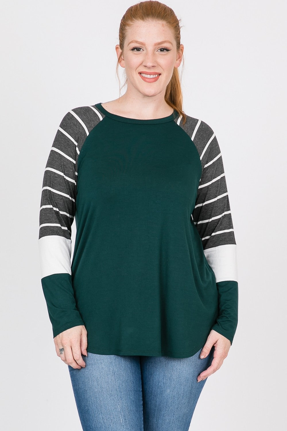 "On The Level" Green Grey Striped Top