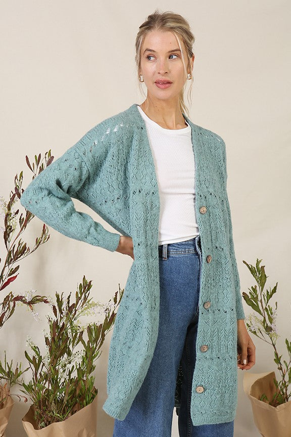 "Cider Sippin" Sweater Cardigan- Peacock