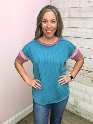 "Full of Love" Jade Ribbed Short Sleeve Top