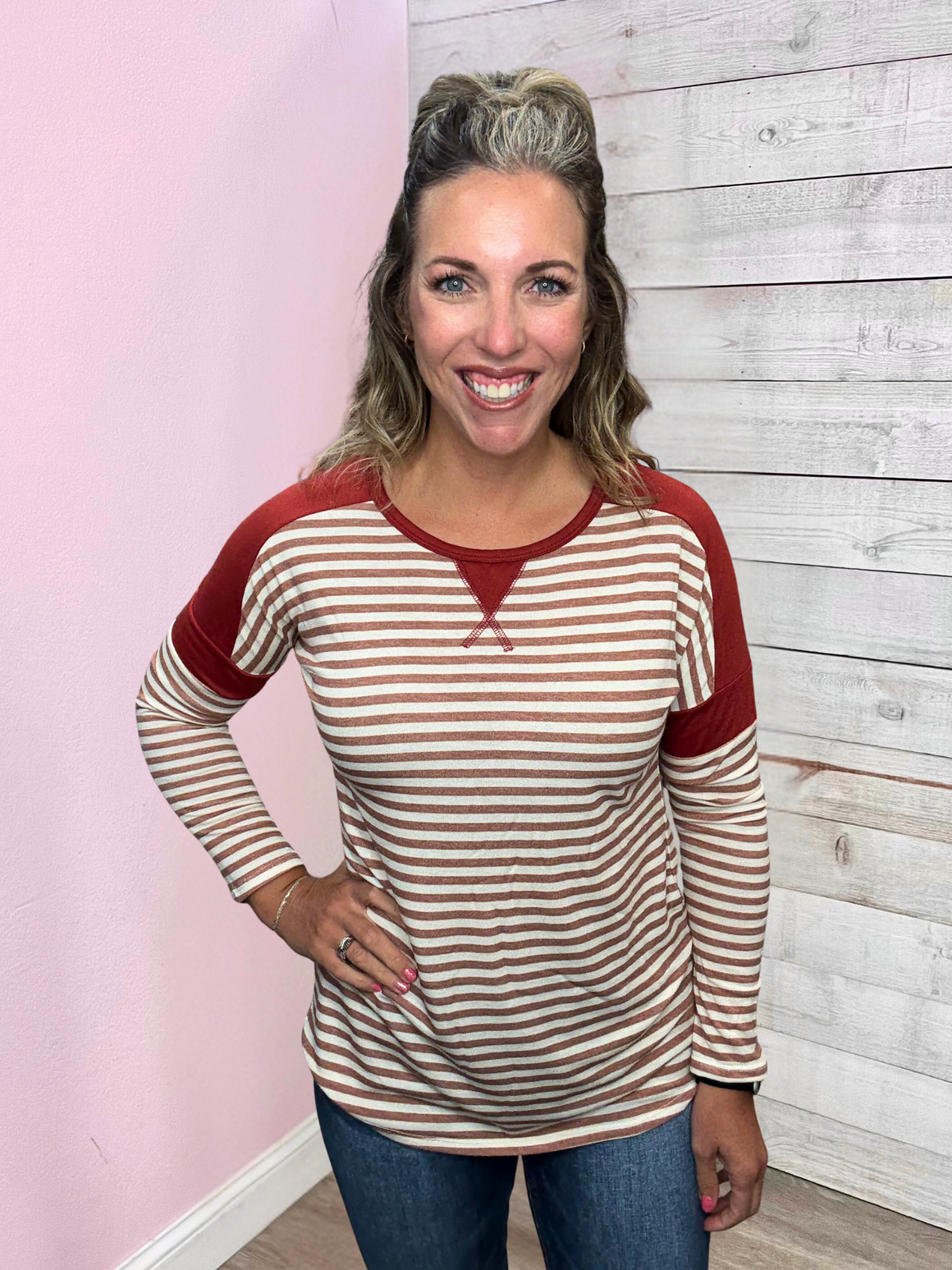 "Step It Up" Rust Striped Top