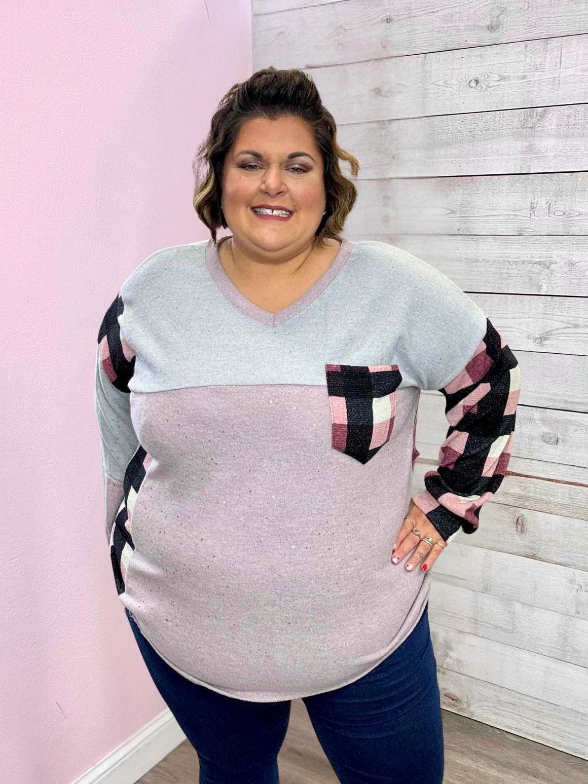 "Sparkle" V Neck Contrast Top