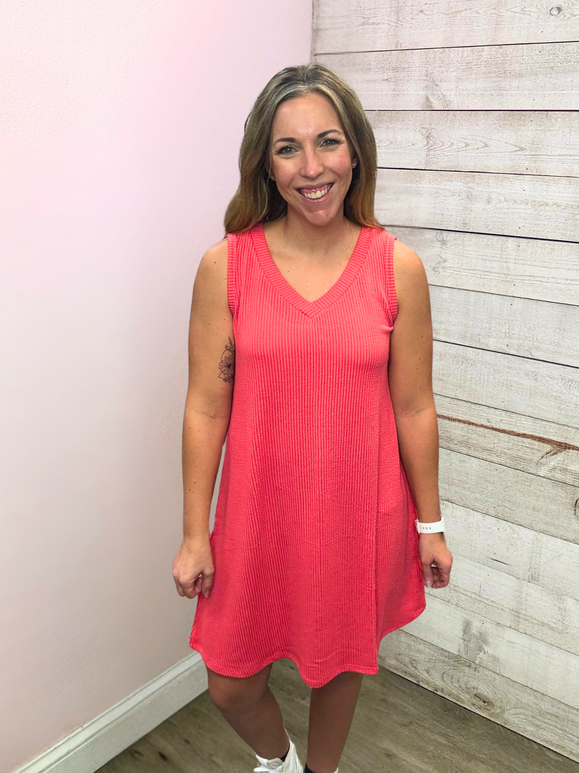 "Sweet Melody" Coral Ribbed Tank Dress