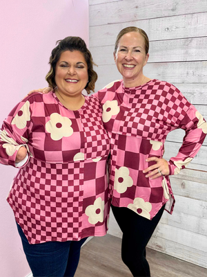 "Fuchsia Floral" Checkered Floral Top