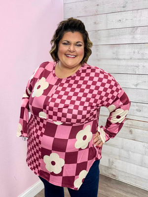 "Fuchsia Floral" Checkered Floral Top