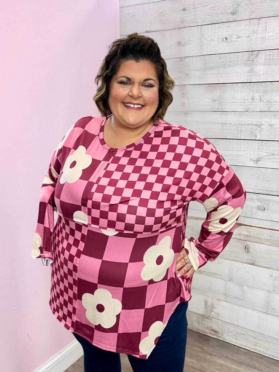 "Fuchsia Floral" Checkered Floral Top