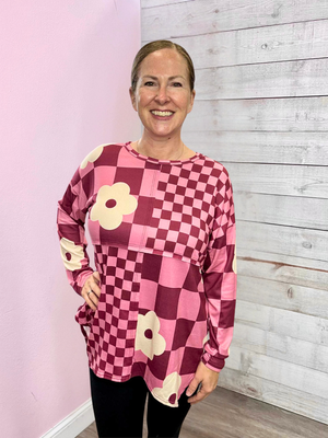 "Fuchsia Floral" Checkered Floral Top