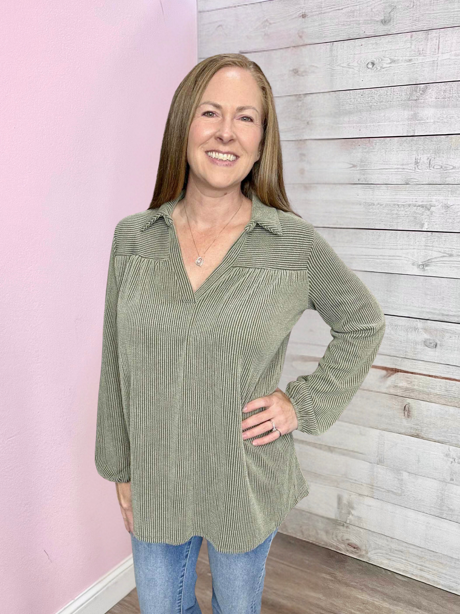 "Casual Moment" Ribbed V Neck Top