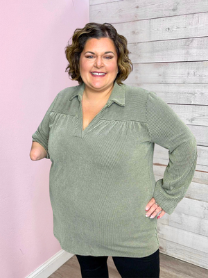 "Casual Moment" Ribbed V Neck Top