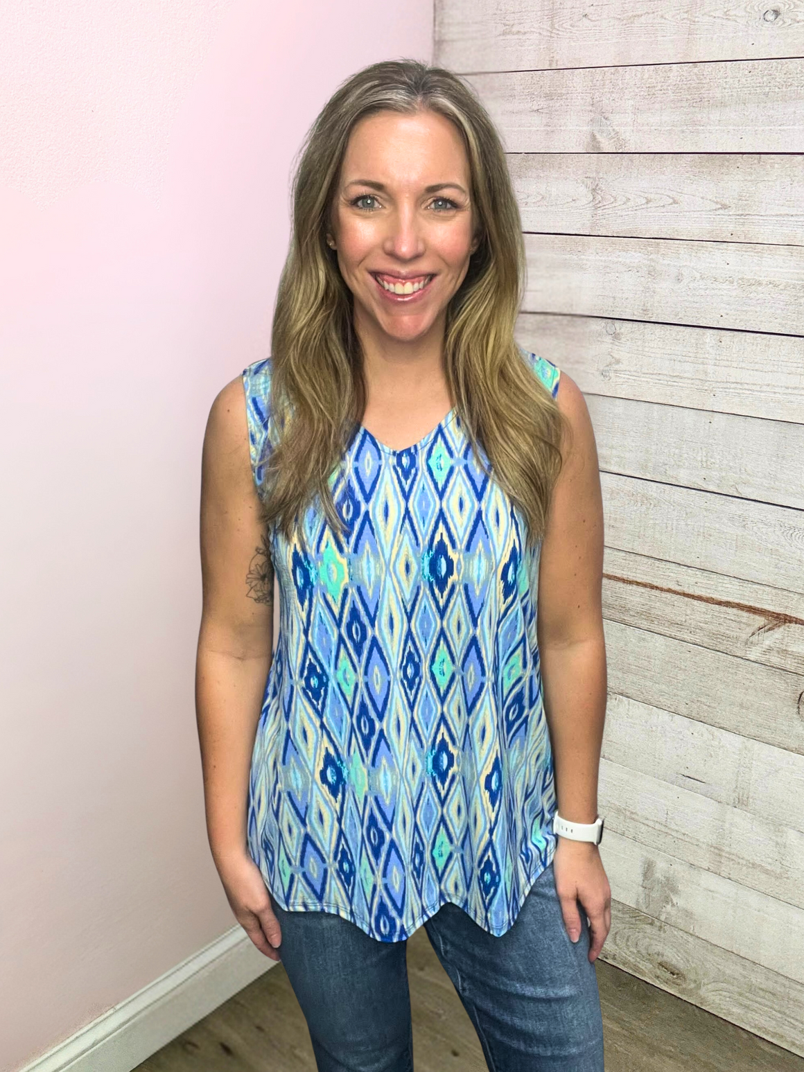 "Here Goes Nothing" Blue Diamond Print Tank Top