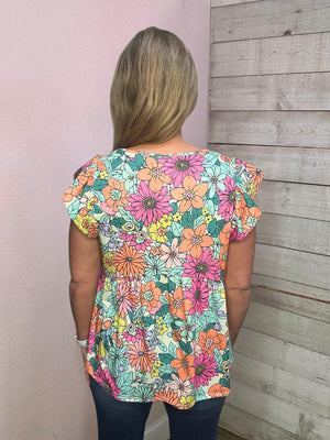 "Spring Flowers" Floral Flutter Sleeve Top