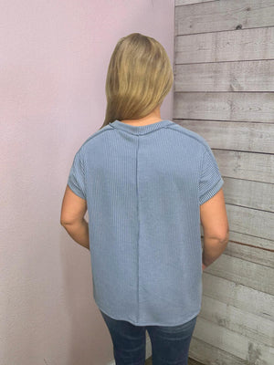 "Graceful Moment" Solid Blue Ribbed Top