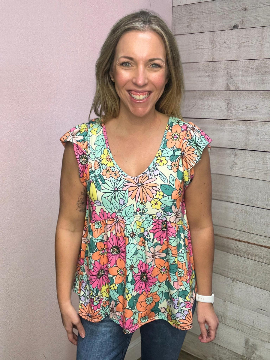 "Spring Flowers" Floral Flutter Sleeve Top