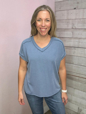 "Graceful Moment" Solid Blue Ribbed Top