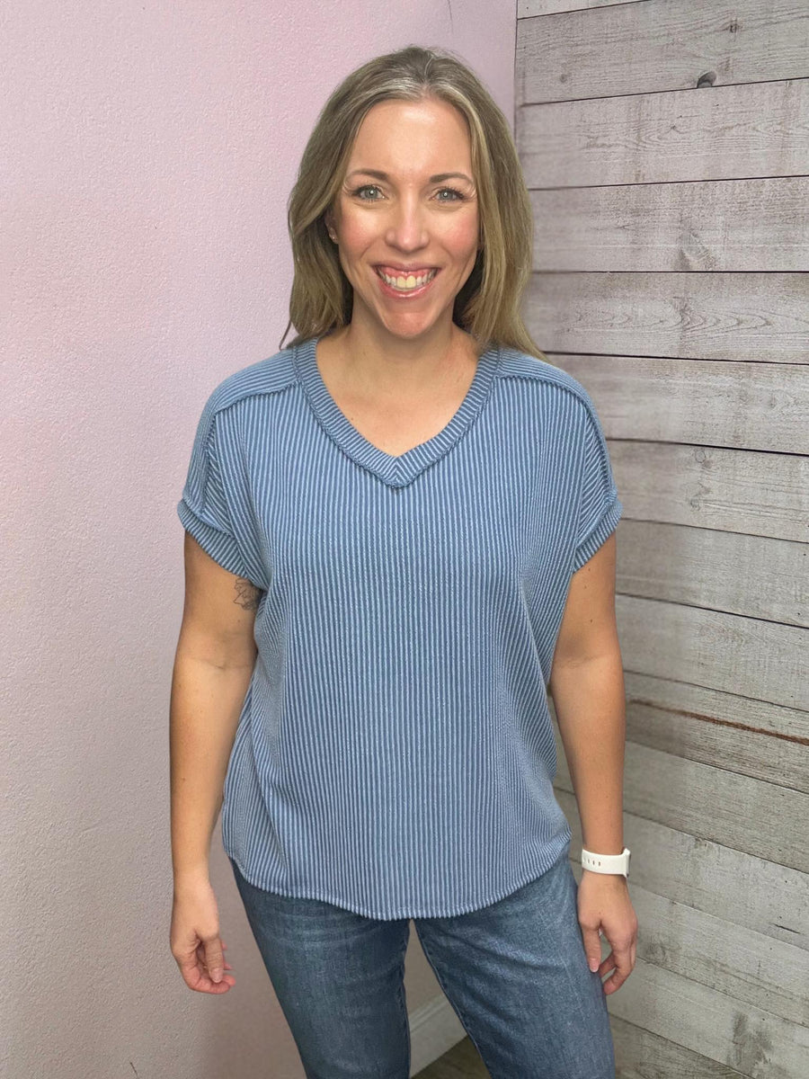 "Graceful Moment" Solid Blue Ribbed Top