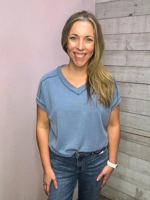 "Graceful Moment" Solid Blue Ribbed Top