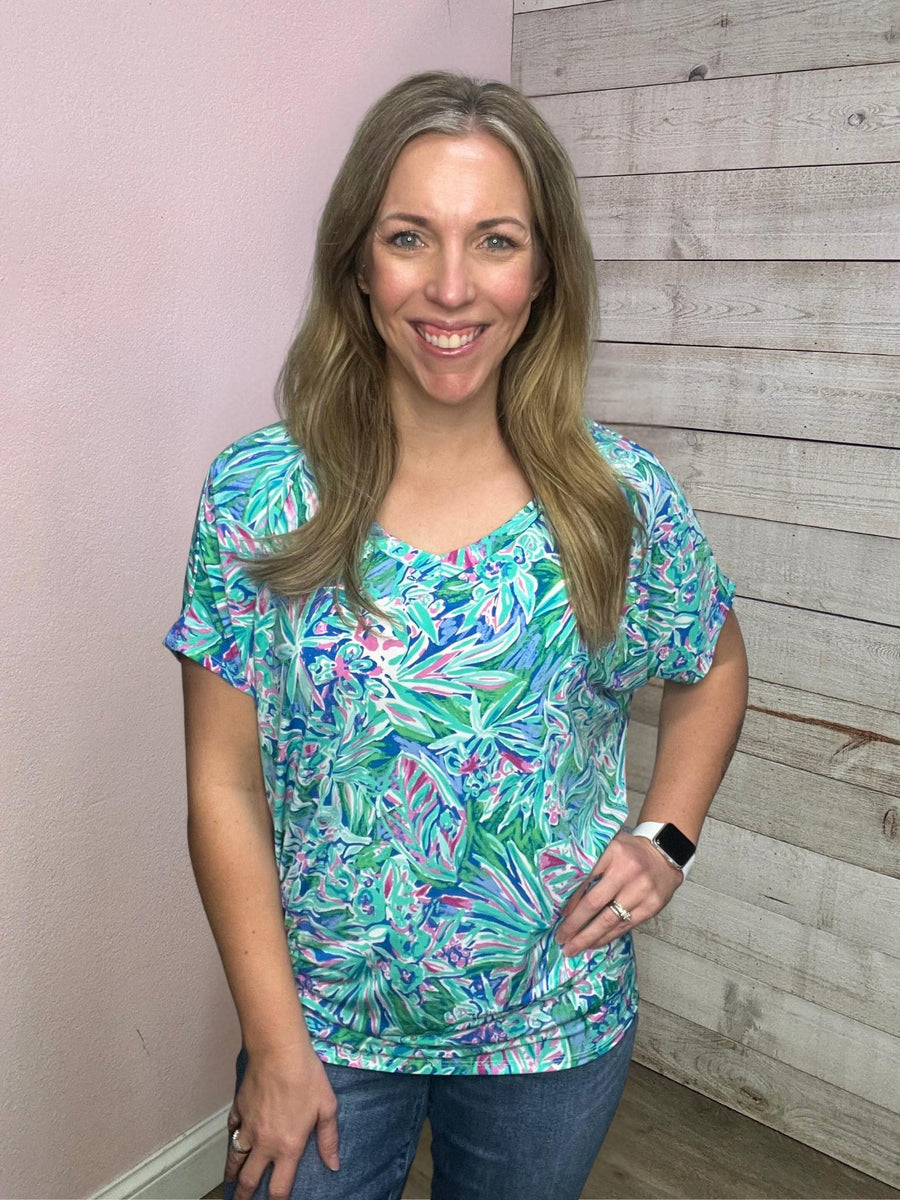 "Ocean Breeze" Palm Print Short Sleeve Top