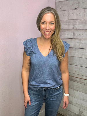 "Blue Skies" Solid Double Ruffle Top