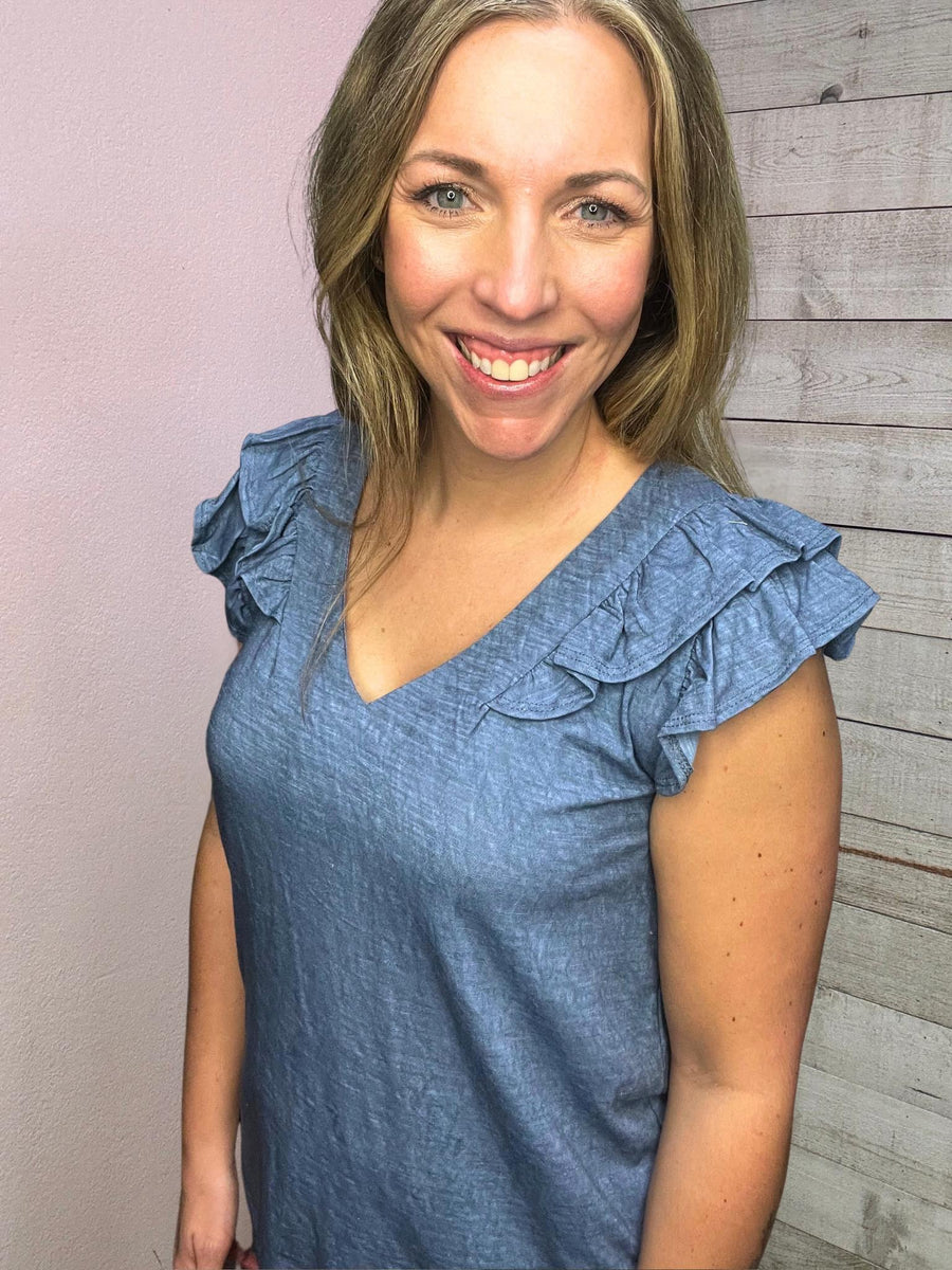 "Blue Skies" Solid Double Ruffle Top