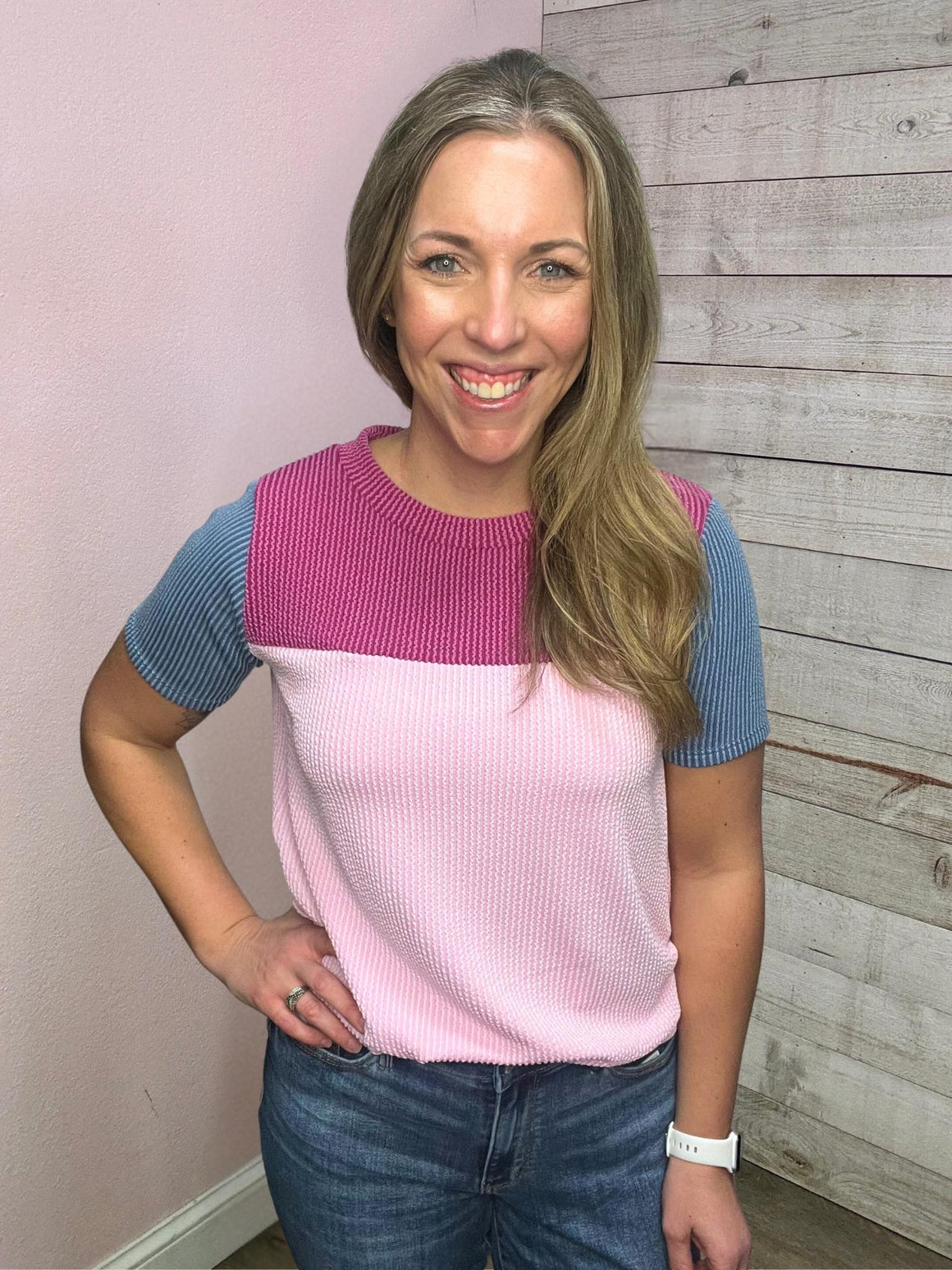 "Happy Energy" Pink Colorblock Top