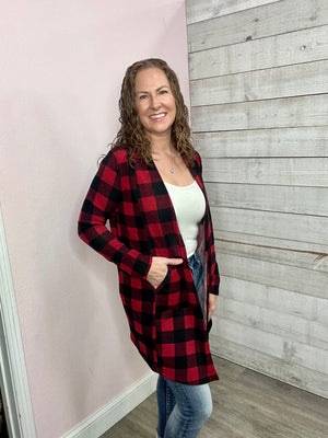 "Discover More" Buffalo Plaid Cardigan- Red *FINAL SALE*