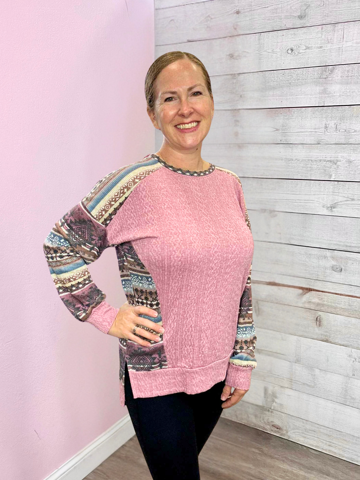 "Peaceful" Cable Knit Aztec Top- Mauve