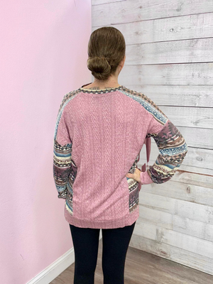 "Peaceful" Cable Knit Aztec Top- Mauve