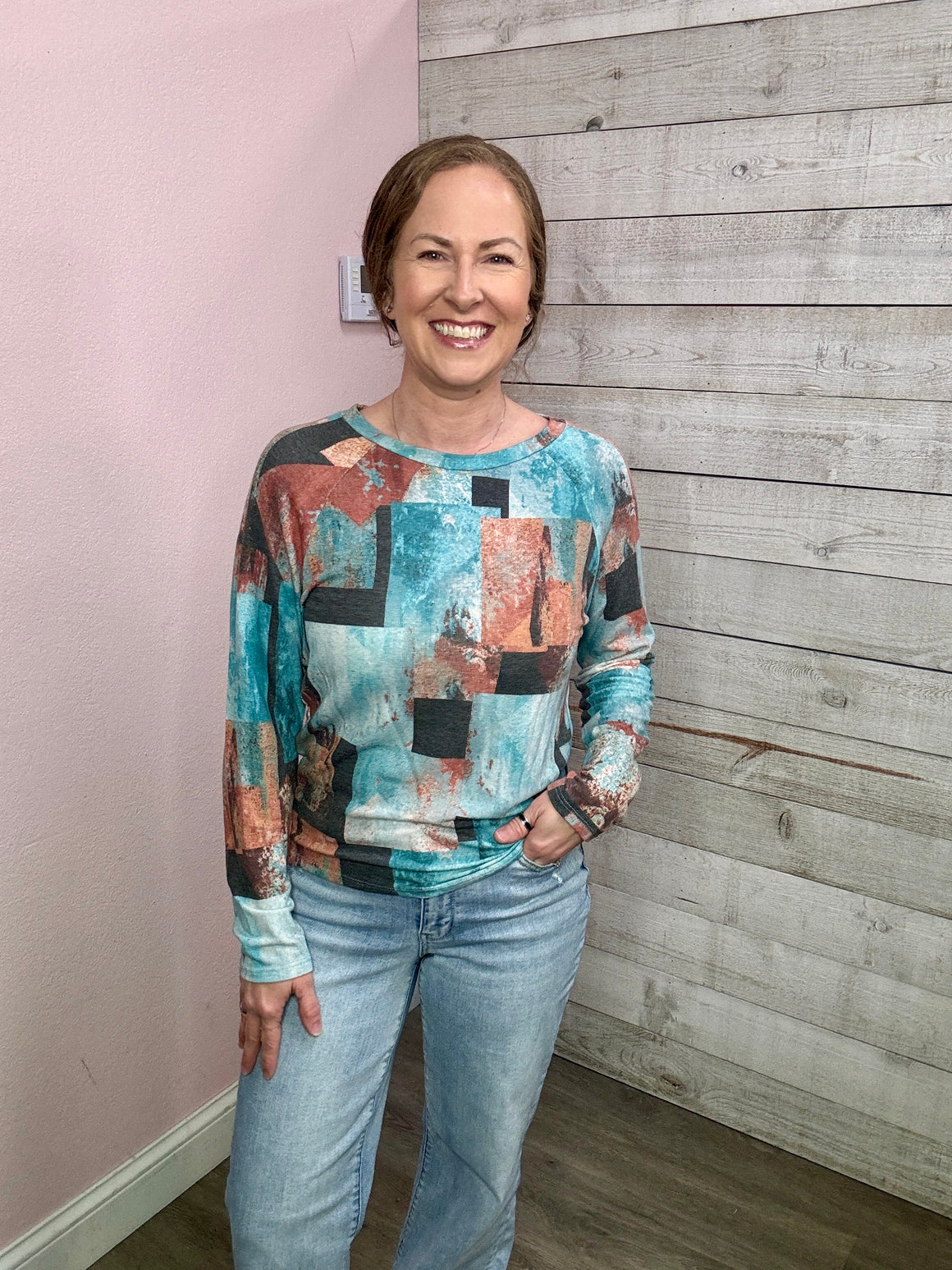 "Amazing Views" Teal/Rust Abstract Print Top