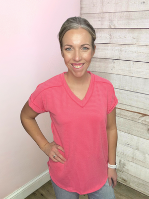 "Casual Outing" Ribbed Short Sleeve Top- Coral