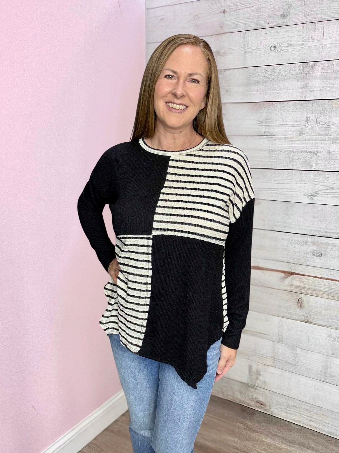 "Crushin on Cozy" Black Stripe Contrast Top
