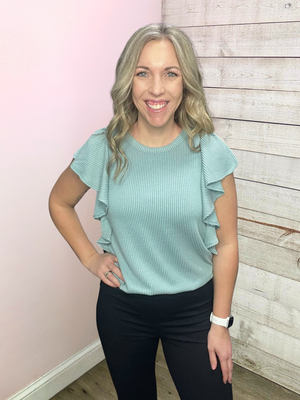 "Feeling The Vibes" Sage Ribbed Flutter Sleeve Top